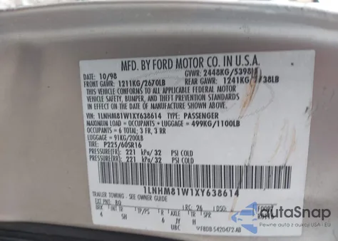 1999 Lincoln Town Car Executive z USA, uszkodzony, nr VIN 1LNHM81W1XY638614